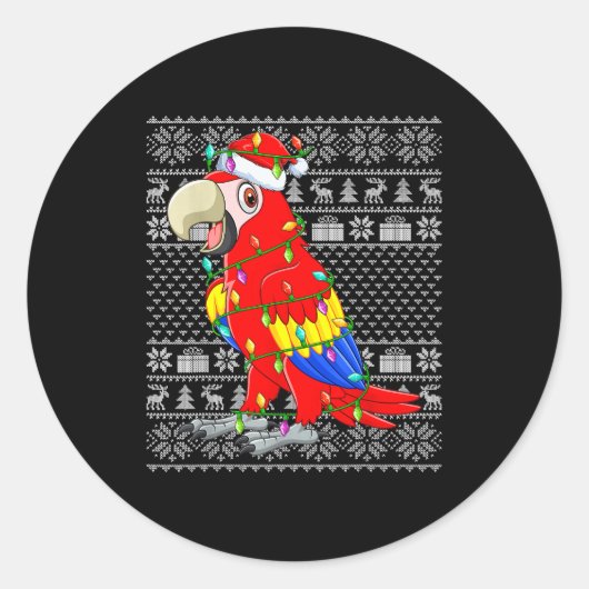 Macaw Parrot Christmas Lights Ugly Sweater Funny B Ronde Sticker (Voorkant)