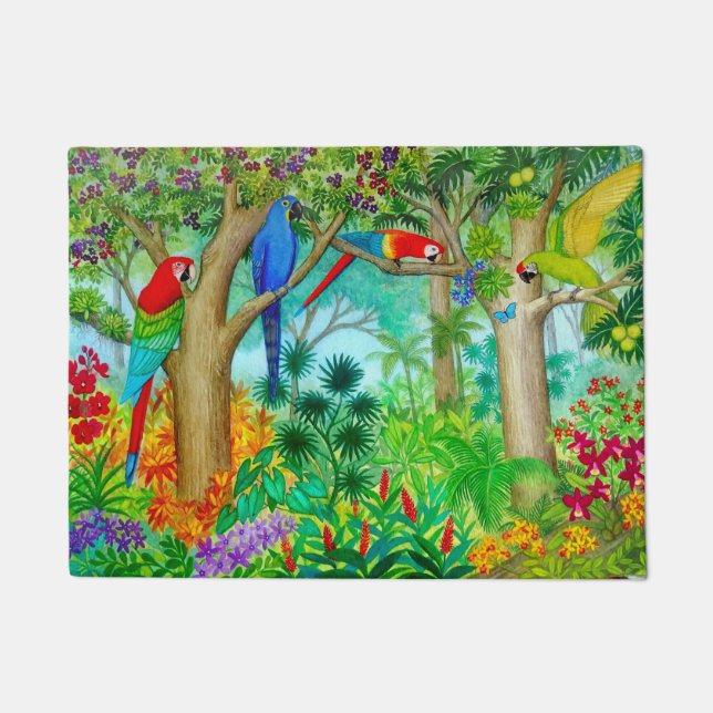 Macaw Parrot Tropisch Oerwoud Doormat Deurmat (Voorkant)