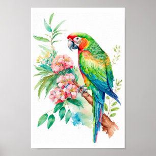 Macaw Parrot wandkunst met tropische bloemen afdru Poster