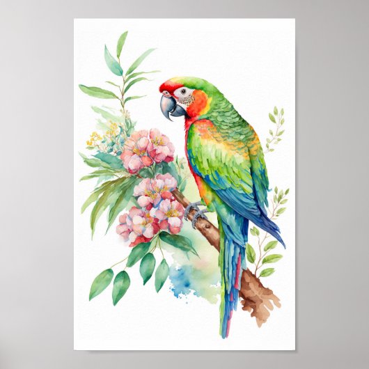 Macaw Parrot wandkunst met tropische bloemen afdru Poster (Voorkant)