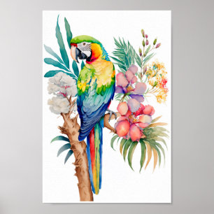 Macaw Parrot wandkunst met tropische bloemen afdru Poster