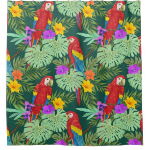Macaw, tropische planten: naadloos patroon. douchegordijn