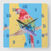Macaw Waterverf Parrot Bird Childrens Room Clock Vierkante Klok (Voorkant)
