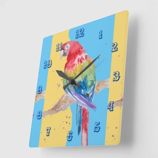 Macaw Waterverf Parrot Bird Childrens Room Clock Vierkante Klok (Hoek)