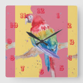 Macaw Waterverf Parrot Bird Childrens Room Clock Vierkante Klok (Voorkant)
