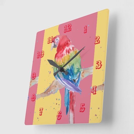 Macaw Waterverf Parrot Bird Childrens Room Clock Vierkante Klok (Hoek)