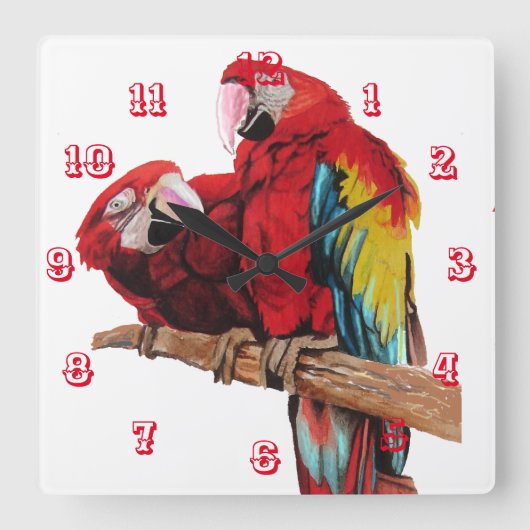 Macaw Waterverf Parrot Bird Childrens Room Clock Vierkante Klok (Voorkant)