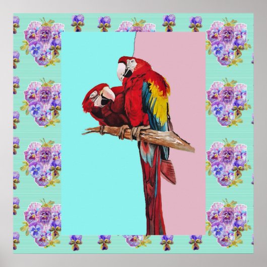 Macaw Waterverf Vogelschilder Aqua roze Poster (Voorkant)