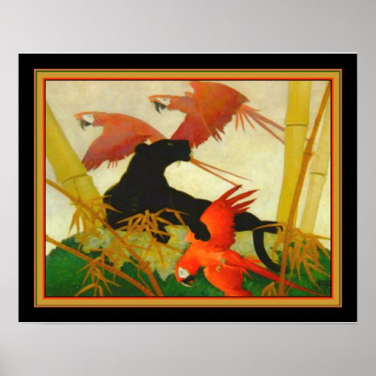 "Macaws & Panther" Stark Davis Art Deco Print (Voorkant)