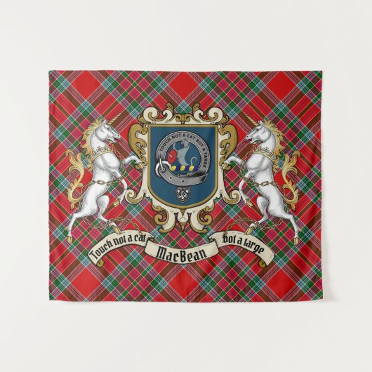 MacBean Clan Badge & Eenhoorns met tartan  Wandkleed (Voorkant (horizontaal))