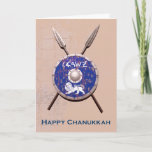 Maccabee Shield and Spears Feestdagen Kaart<br><div class="desc">Een afbeelding van het schild van Maccabee en twee speren aan een muur. De strijd is versleten en roest, maar nog steeds bruikbaar. Het schild is voorzien van een leeuw en een tekst met de tekst "Yisrael" (Israël) in het alfabet Paleo-Hebreeuw. Ook "Happy Chanukkah" verschijnt. Voeg je eigen tekst toe....</div>