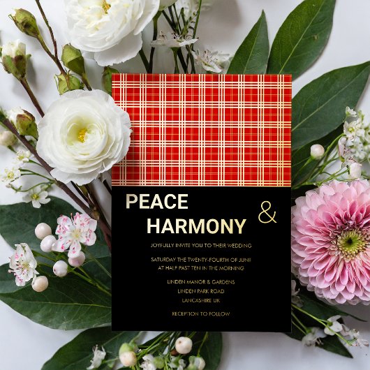 MacClan Tartan Red Black Gold Pattern Weddenschap Folie Uitnodiging