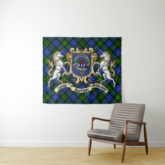 MacEwen Clan Badge & Unicorns w/Tartan Wandkleed (In Situ (horizontaal))