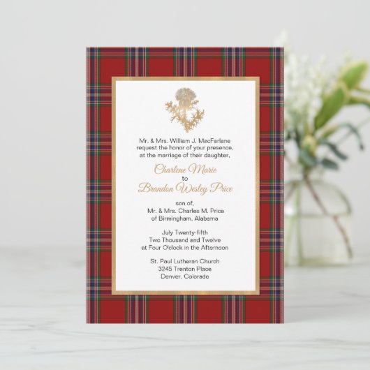 MacFarland Tartan Plaid Thistle bruiloft uitnodigi Kaart (Staand voorkant)