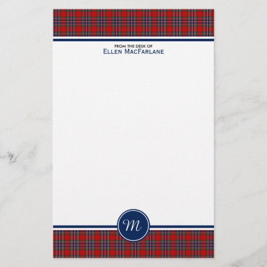 MacFarlane Clan Tartan Rood en Blauw Plaid Monogra Briefpapier (Voorkant)