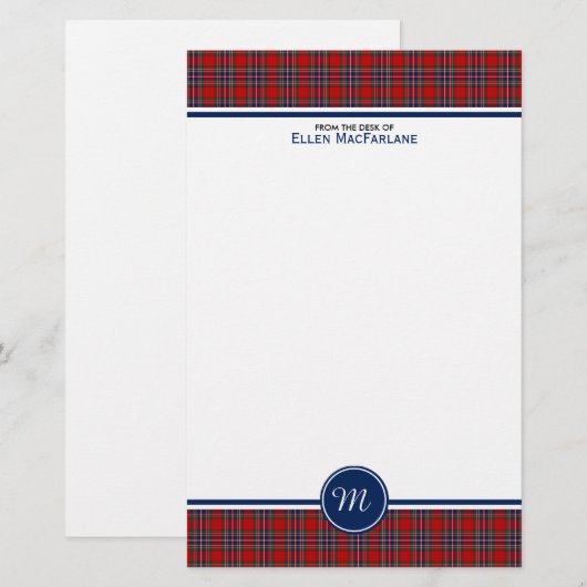 MacFarlane Clan Tartan Rood en Blauw Plaid Monogra Briefpapier (Voorkant / Achterkant)