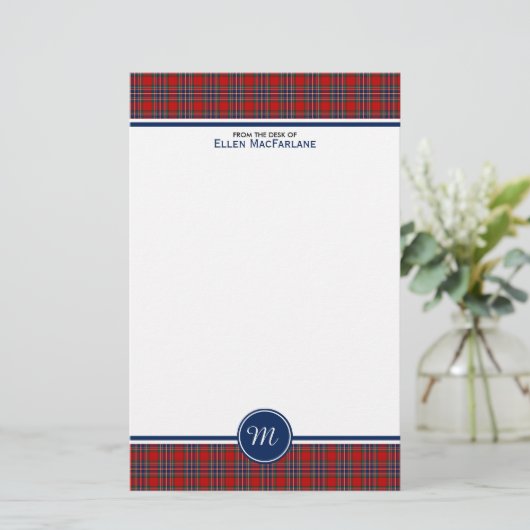 MacFarlane Clan Tartan Rood en Blauw Plaid Monogra Briefpapier (Staand voorkant)