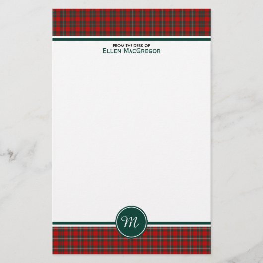MacGregor Clan Tartan Rood en Groen Plaid Monogram Briefpapier (Voorkant)
