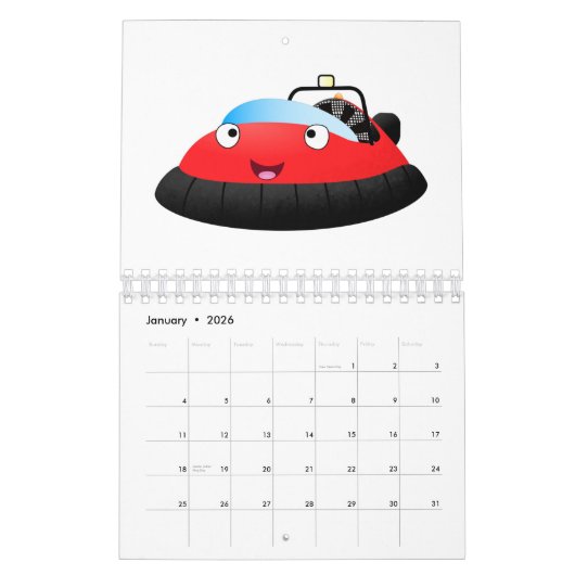 Machines en transport cartoon illustratie kalender (Jan 2026)