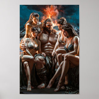Machtige Barbaar Omringd door Seksieve Vrouwen Poster