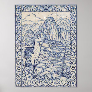 Machu Picchu Lama Blauwe Portugese Azulejo Kunst Poster
