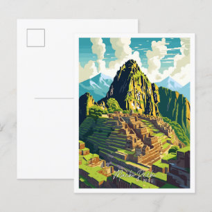 Machu Picchu Peru Kunst Vintage Reizen Illustratie Briefkaart