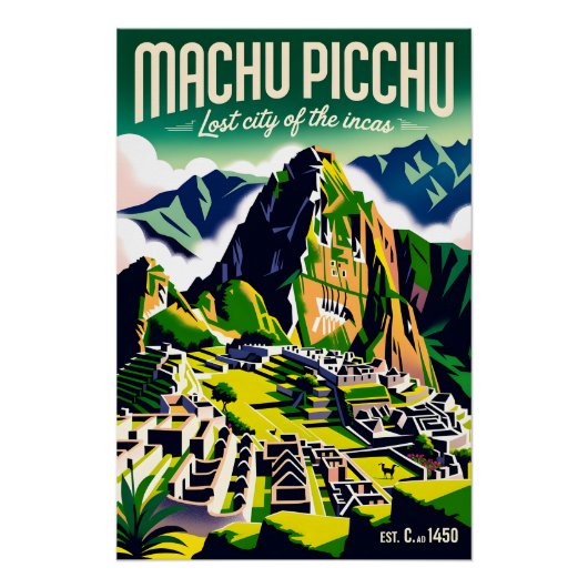 Machu Picchu Peru Retro Reisposter Kunst Perfect Poster (Voorkant)