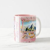 Machu Picchu Roze Waterverf Ontbijt Schattigee Rei Tweekleurige Koffiemok (Voorkant rechts)