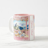 Machu Picchu Roze Waterverf Ontbijt Schattigee Rei Tweekleurige Koffiemok (Voorkant links)