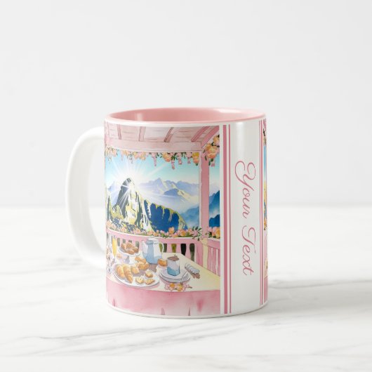 Machu Picchu Roze Waterverf Ontbijt Schattigee Rei Tweekleurige Koffiemok (Voorkant links)