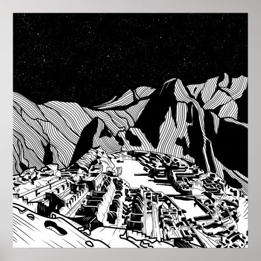 Machu Picchu zwart-wit landschap Poster (Voorkant)