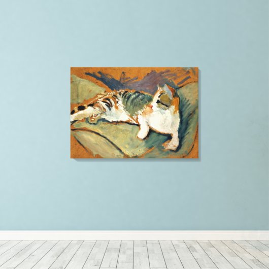 Macke - Kat op de groene kussen Canvas Afdruk (Insitu (Houten vloer))