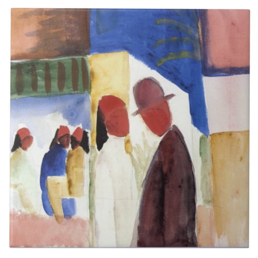 Macke - Op straat, aquarel,  Tegeltje (Voorkant)