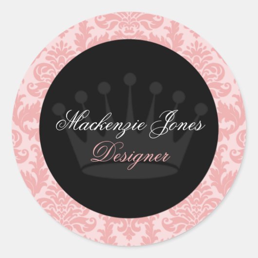 Mackenzie Roze & Zwart Damast Chique Ronde Sticker (Voorkant)
