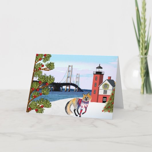 Mackinac Bridge Christmas Kaart met Fox (Voorkant)