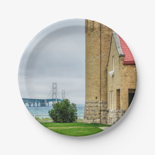 Mackinac Bridge en Lighthouse Papieren Bordje (Voorkant)