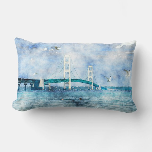 Mackinac Bridge Schilderachtig Waterverf kunst Kussen (Voorkant)
