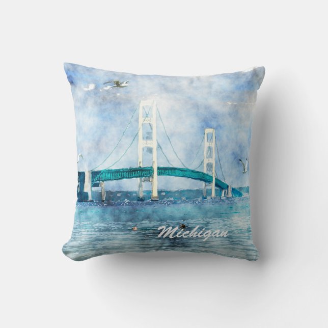 Mackinac Bridge Schilderachtig Waterverf kunst Kussen (Voorkant)