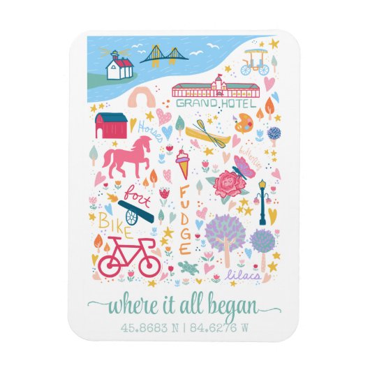 MacKinac Island Michigan Kaart Aangepaste coördina Magneet (Verticaal)