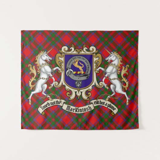 MacKintosh Clan Badge & Unicorns w/Tartan Wandkleed (Voorkant (horizontaal))