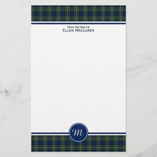 MacLaren Clan Tartan Blauw en Groen Plaid Monogram Briefpapier (Voorkant)