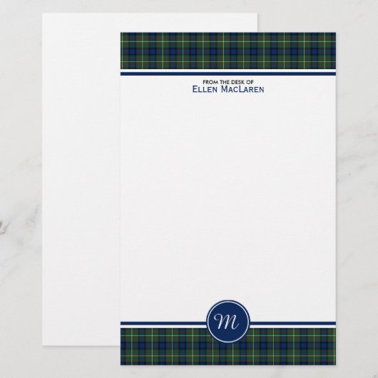 MacLaren Clan Tartan Blauw en Groen Plaid Monogram Briefpapier (Voorkant / Achterkant)