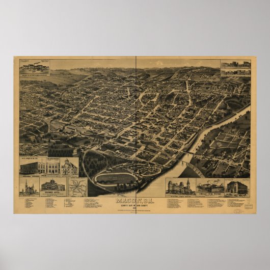 Macon Georgia 1887 Antiek panoramische kaart Poster (Voorkant)