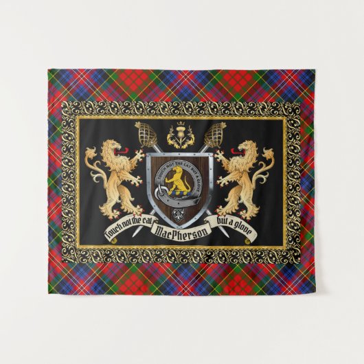 MacPherson Clan Badge & Motto w/Lions Tapestry Wandkleed (Voorkant (horizontaal))