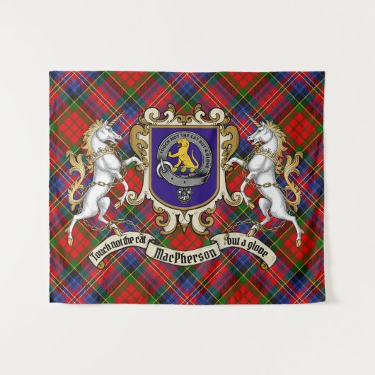 MacPherson Clan Badge & Unicorns w/Tartan Wandkleed (Voorkant (horizontaal))