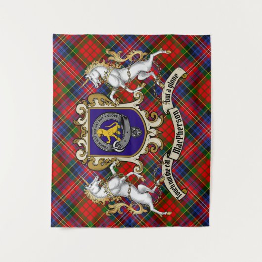 MacPherson Clan Badge & Unicorns w/Tartan Wandkleed (Voorkant)
