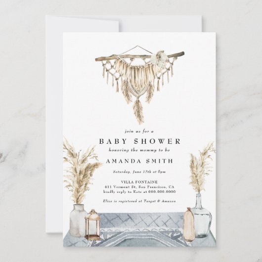 Macrame Boho Chic Rustic Boy Blue Baby shower Invi Kaart (Voorkant)