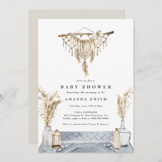 Macrame Boho Chic Rustic Boy Blue Baby shower Invi Kaart (Voorkant / Achterkant)