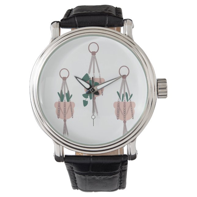 Macrame Planthanger Planter Potten Illustratie Horloge (Voorkant)