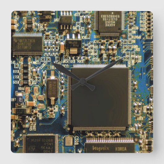 Macro Blau Circuitbord | PCB Foto Vierkante Klok (Voorkant)